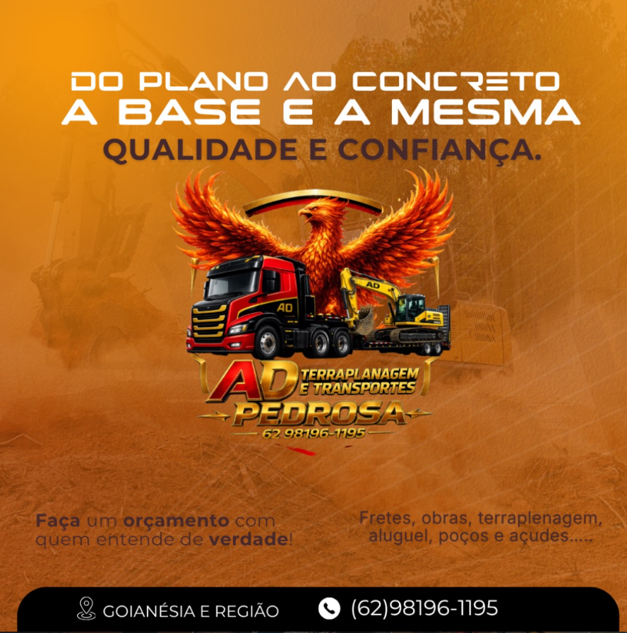 Identidade AD Terraplanagem e Transportes Pedrosa com caminhão e escavadeira